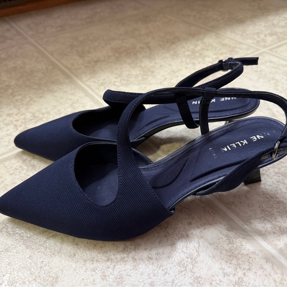 Anne Klein Dark Navy Pointed Slingback Kitten Heels